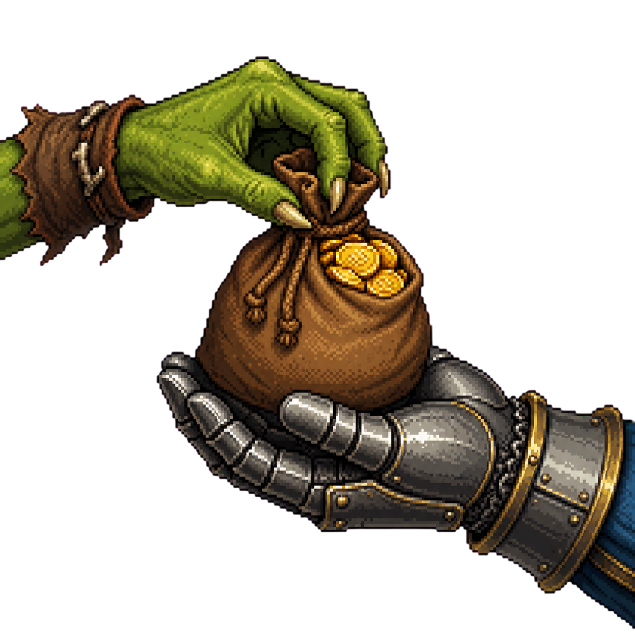Goblin-Hand übergibt einen Goldsack an eine Ritterhand